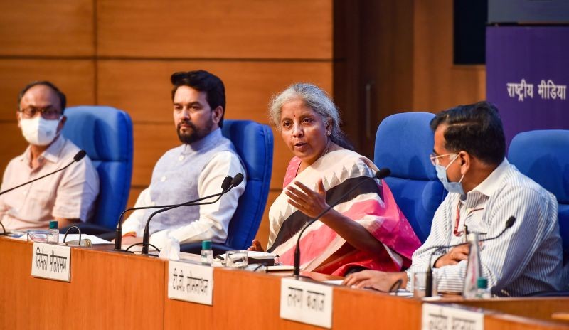 Union Finance Minister Nirmala Sitharaman addresses a press conference in New Delhi on June 28, 2021. MoS Finance Anurag Thakur (2L) is also seen. (PTI Photo)