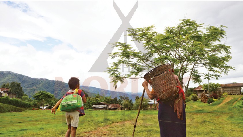 A young boy helps an elderly woman carry her bag of rice at Chisholimi village, Pughoboto on June 12. 58 bags of rice were distributed to the public as COVID-19 relief on Saturday. (Morung Photo by Kanili Kiho)