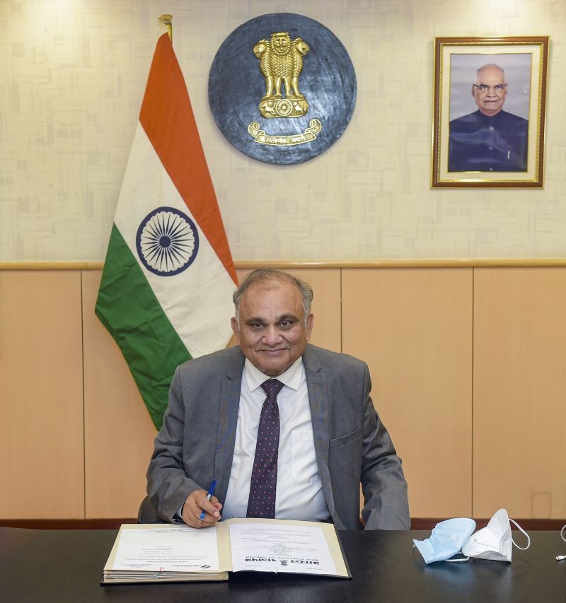 Anup Chandra Pandey, a retired IAS officer of 1984 batch, takes charge as new Election Commissioner, in New Delhi on June 9. (PTI Photo)