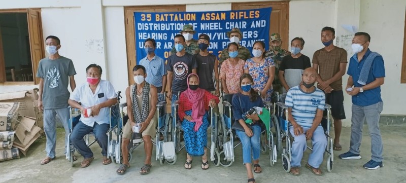 Mon Battalion of Assam Rifles under the aegis of HQ IGAR (N) distributed wheelchairs and hearing aids to persons with disability in Naginimora and adjacent villages of Mon district on June 25 under the Assam Rifles Civic Action Programme. The event aimed to reach out to persons with physical disability, who do not have access to medical treatment and cannot afford the equipment. The occasion was graced by KU Naginimora, village council members and family members of the beneficiaries. (Photo Courtesy: HQ IGAR (N)