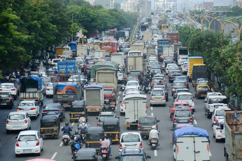 Traffic jam at Eastern Express highway during a relaxation hours of Covid-19 lockdown, in Thane on June 14. (PTI Photo)