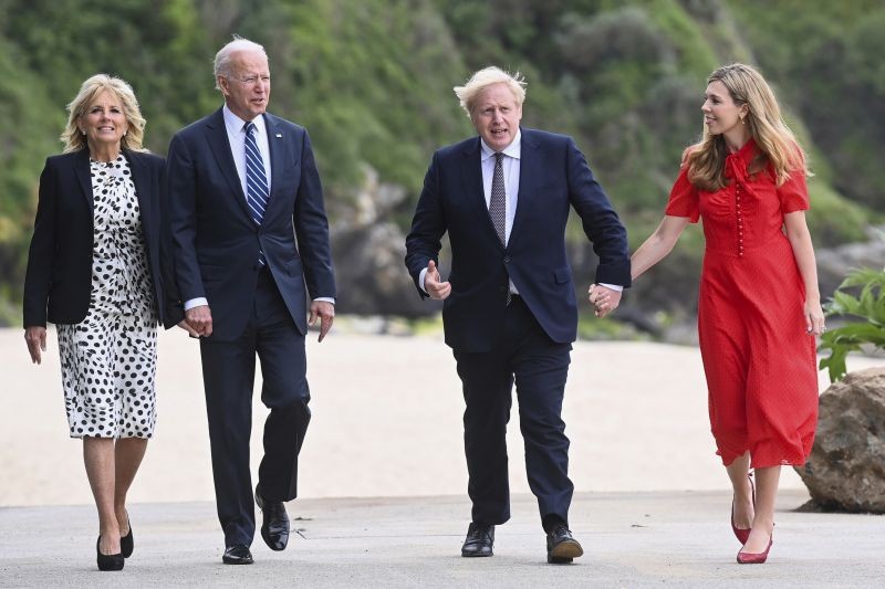 Carbis Bay : Britain's Prime Minister Boris Johnson, his wife Carrie Johnson and U.S. President Joe Biden with first lady Jill Biden walk outside Carbis Bay Hotel, Carbis Bay, Cornwall, Britain, ahead of the G7 summit, Thursday June 10, 2021. AP/PTI