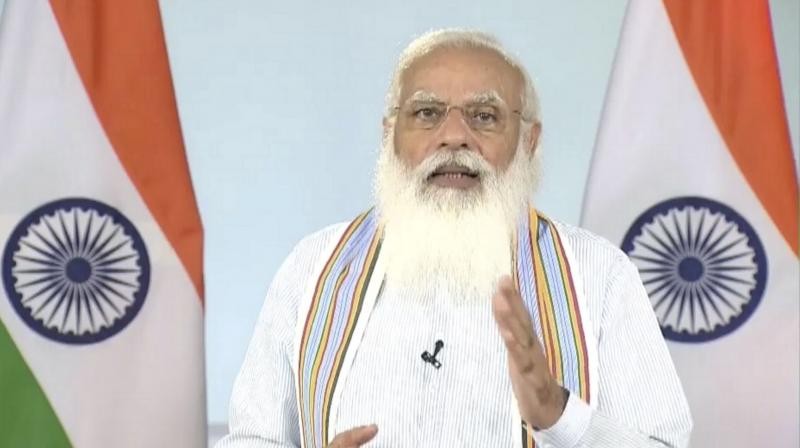 Prime Minister Narendra Modi during the virtual launch of ‘Customized Crash Course programme for Covid 19 Frontline workers’, in New Delhi. (PTI Photo)