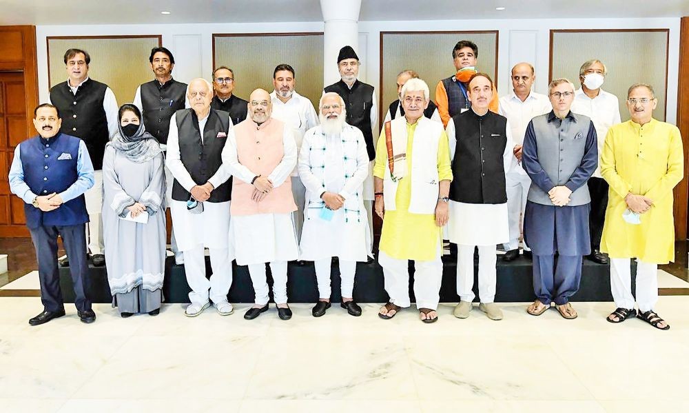 Prime Minister Narendra Modi during an all-party meeting with various political leaders from Jammu and Kashmir, in Delhi on June 24. (PTI Photo)