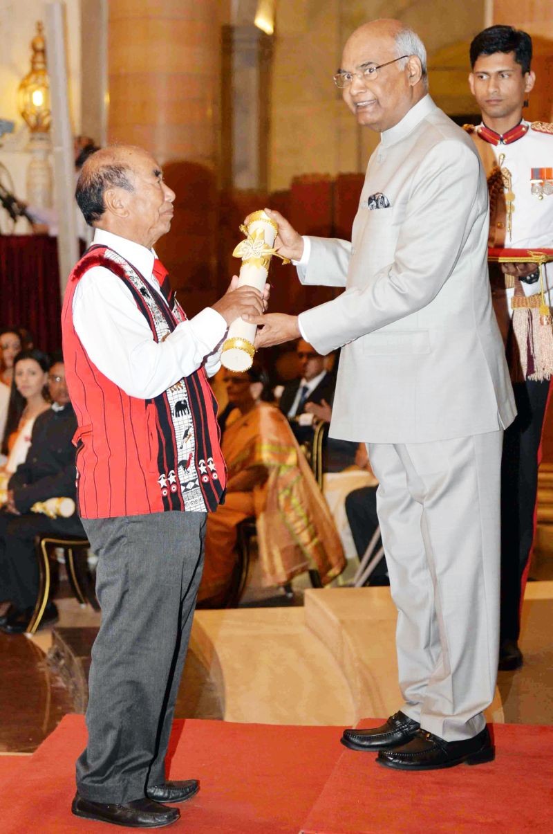 In this file photo, President Ram Noth Kovind is seen presenting Padma Shri to M Piyongtemjen Jamir in the field of Literature & Education on March 20, 2018. (File Photo: @rashtrapatibhvn/Twitter)
