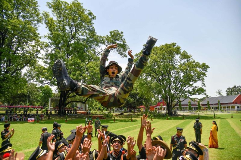 Dehradun: Cadets celebrate after their Passing Out Parade at Indian Military Academy in Dehradun, Saturday, June 12, 2021. (PTI Photo)