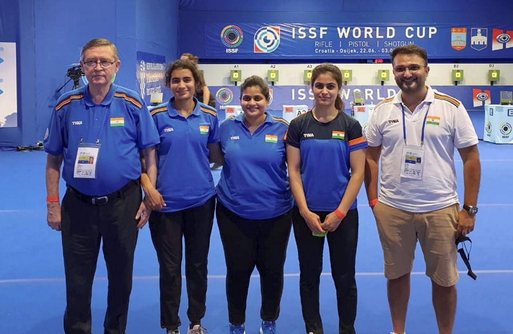 Osijek: Indian Women’s 10M Air Pistol team poses after winning bronze medal at International Shooting Sport Federation (ISSF) World Cup, in Osijek. (PTI Photo)