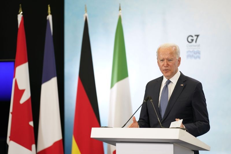 President Joe Biden speaks during a news conference after attending the G-7 summit on June 13, 2021, at Cornwall Airport in Newquay, England. Biden is en route to Windsor, England, to meet with Queen Elizabeth II, and then on to Brussels to attend the NATO summit. (AP/PTI Photo)