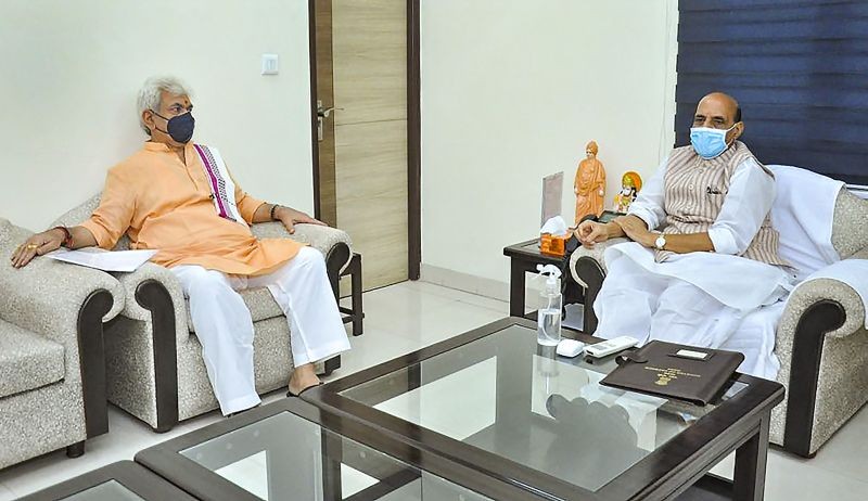 Lieutenant Governor of Jammu and Kashmir, Manoj Sinha called on Defence Minister Rajnath Singh, in New Delhi. Sinha is learnt to have apprised the defence minister about the security scenario in the union territory. Singh on Sunday held separate meetings with the lieutenant governors of Ladakh.Issues related to the overall development of Ladakh figured in Singh's meeting with Lt Governor R K Mathur, people familiar with the deliberations. (PTI Photo)