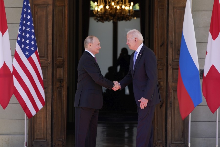 President Joe Biden and Russian President Vladimir Putin, arrive to meet at the 'Villa la Grange', Wednesday, June 16, 2021, in Geneva, Switzerland. (AP Photo/Patrick Semansky)