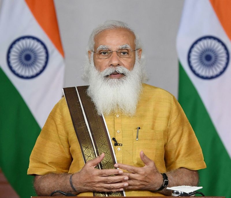 Prime Minister Narendra Modi chairs a meeting of the Council of Scientific and Industrial Research (CSIR) Society, through video conferencing, in New Delhi on June 4. (PIB/PTI Photo)