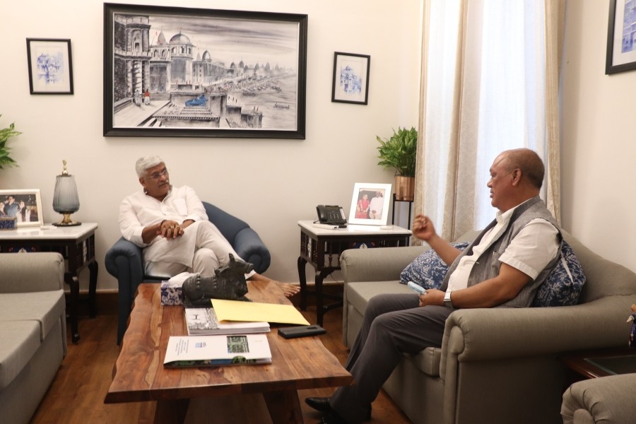 Minister V Kashiho Sangtam with Union minister Gajendra Singh Shekhawat on July 6.
