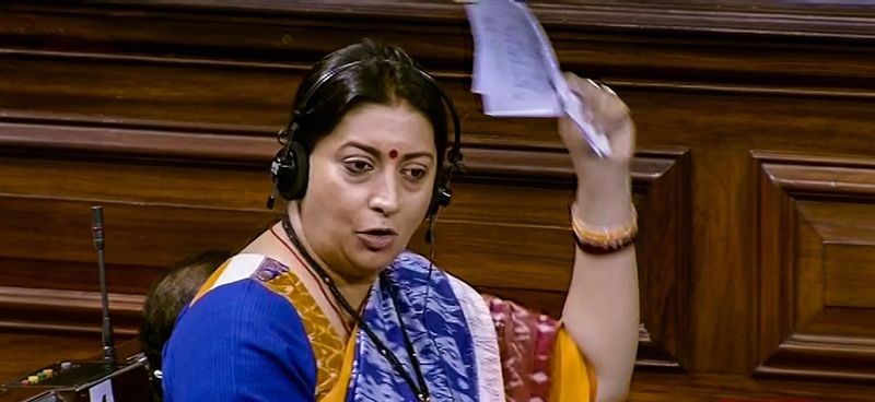 Union Minister for Women & Child Development Smriti Irani speaks in the Rajya Sabha during the Monsoon Session of Parliament, in New Delhi on July 28, 2021. (RSTV/PTI Photo)