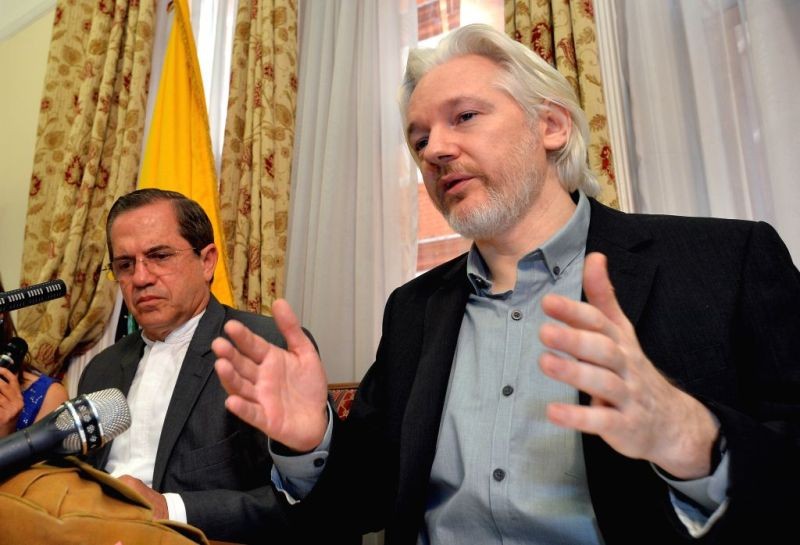 WikiLeaks founder Julian Assange attends a press conference at the Ecuadorian Embassy in London, Britain, Aug. 18, 2014. (IANS File Photo)