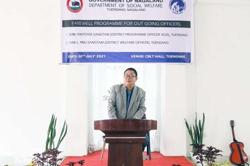 Chotsase Sangtam, District Programme Officer, Department of Social Welfare, Tuensang speaking during the farewell programme held at CBLT hall in Tuensang on July 30. (Morung Photo)