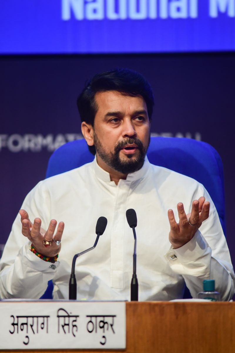 Union I&B Minister Anurag Singh Thakur during a press briefing on cabinet decisions, at NMC in New Delhi on July 22, 2021. (PTI Photo)