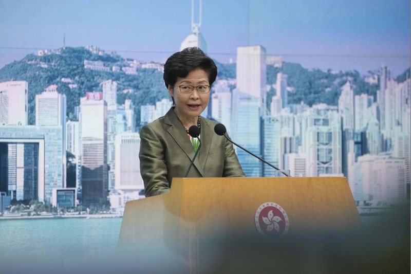 Hong Kong Chief Executive Carrie Lam speaks during her weekly press conference In Hong Kong, on July 6, 2021. Hong Kong police on Tuesday said they arrested nine people on suspicion of engaging in terrorist activity, after uncovering an attempt to make explosives and plant bombs across the city. Lam said that she hopes the members of the public will "openly condemn threats of violence." (AP/PTI Photo)