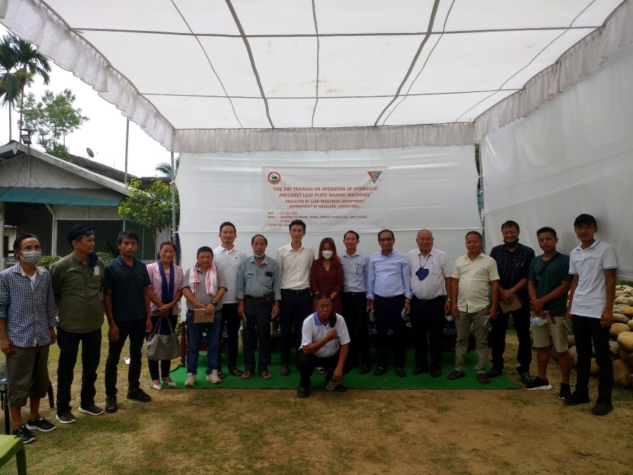 Participants with officials during the training on the operation of hydraulic areca nut leaf plate making machine cum inauguration programme in Dimapur. (Photo Courtesy: LRD Dimapur)