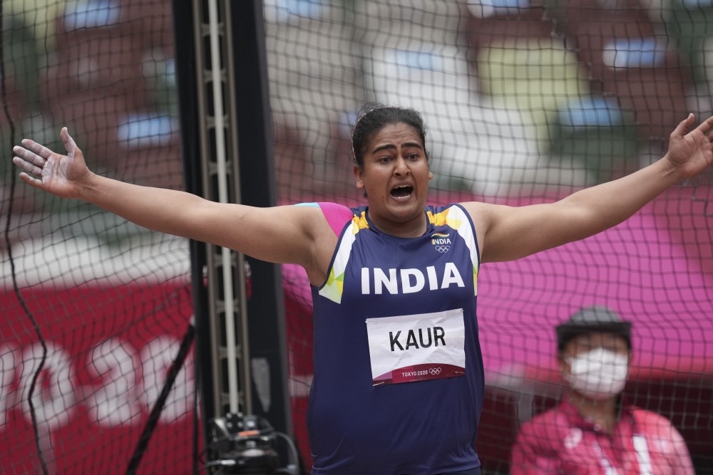 Tokyo:  Kamalpreet Kaur, of India, reacts after her thrown during the qualification round of the women's discus throw at the 2020 Summer Olympics, Saturday, July 31, 2021, in Tokyo. AP/PTI Photo