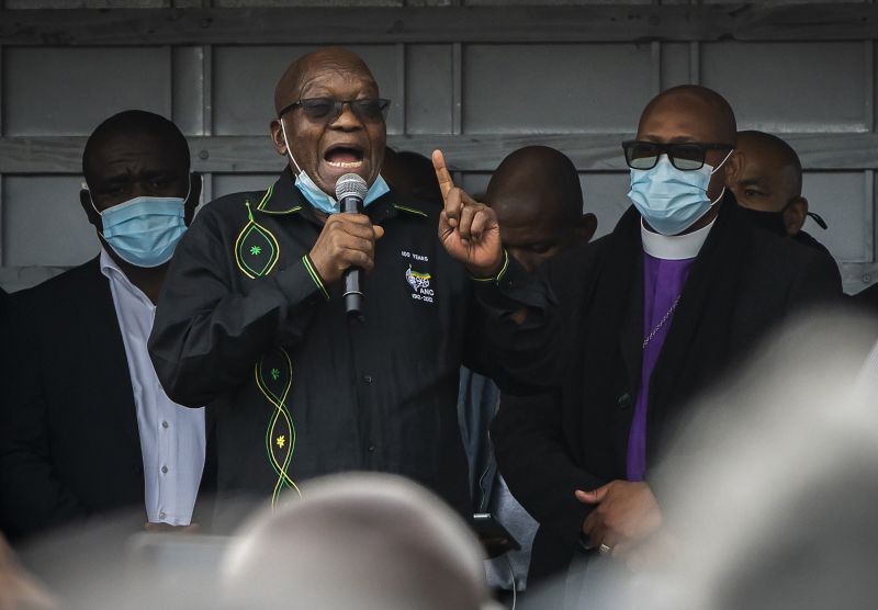 Former president Jacob Zuma addresses his supporters at his home in Nkandla, KwaZulu-Natal Natal Province on July 4, 2021. The Constitutional Court will hear Zuma's urgent application on July 12  to rescind its order sentencing him to jail for 15 months for contempt of court. Zuma was initially supposed to hand himself over to authorities for his incarceration by Sunday. (AP/PTI Photo)