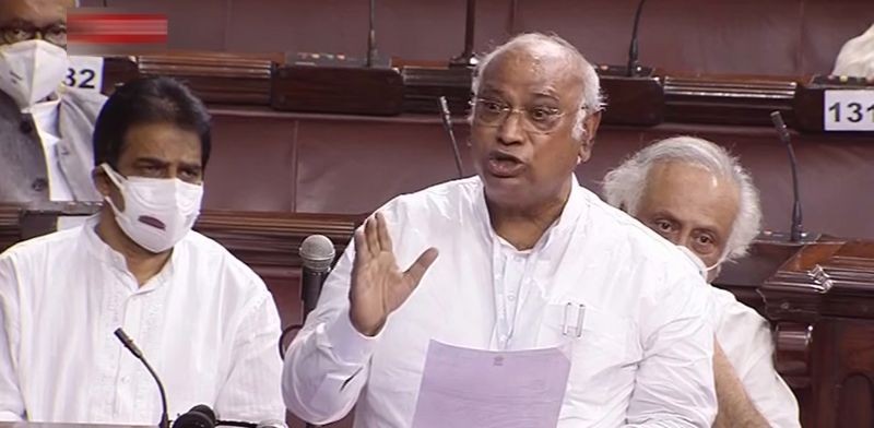 Leader of Opposition of the Rajya Sabha Mallikarjun Kharge speaks in the House during the Monsoon Session of Parliament, in New Delhi on July 26, 2021. (RSTV/PTI Photo)