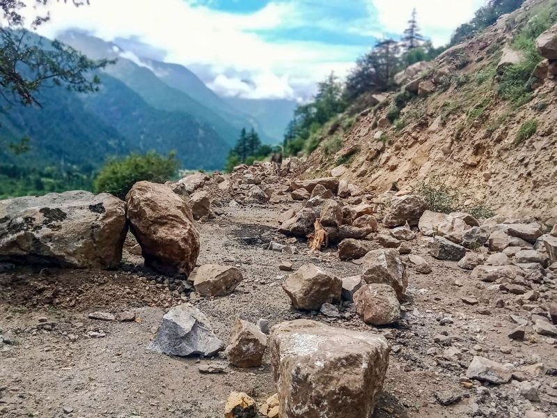 A road blocked after a landslide at Batseri of Sangla valley in Kinnaur district on July 25, 2021. 9 people died in the landslide. (PTI Photo)