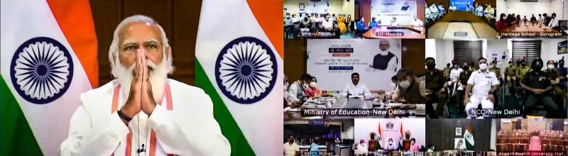 Prime Minister Narendra Modi gestures during his address on completion of one year of transformative reforms under National Education Policy, 2020, New Delhi on July 29. (PTI Photo)
