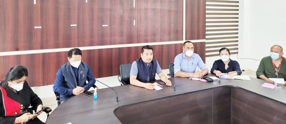 Minister Tongpang Ozukum and others addressing press conference in Kohima on July 23. (Morung Photo)