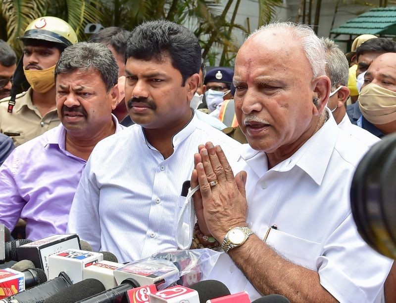 Karnataka Chief Minister B S Yediyurappa speaks to media after he resigned from CM post, in Bengaluru on July 26, 2021. (PTI Photo)