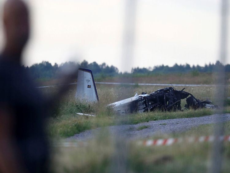 Emergency services at the scene of small aircraft crash, at Orebro Airport in Sweden, Thursday, July 8 2021. Image Credit: AP