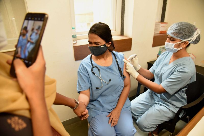 Navi Mumbai: Gynecologist Dr. Shweta Joshi receives SPUTNIK V vaccine during a special vaccination drive   for students, staff and family members  of DY Patil University, at DY Patil Hospital in Navi Mumbai, Friday, July 2, 2021. (PTI Photo