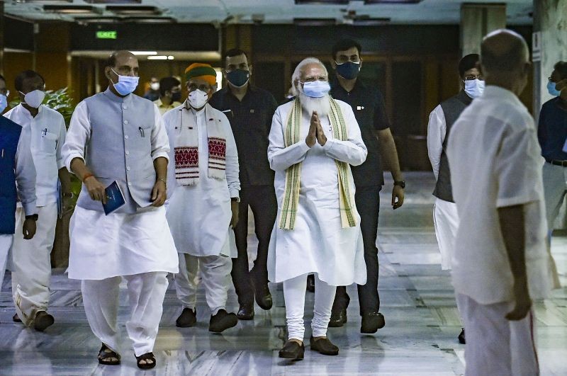 Prime Minister Narendra Modi during an all-party meeting, a day before the monsoon session of Parliament begins, in New Delhi on July 18, 2021. BJP leader Rajnath Singh also seen. (PTI Photo)