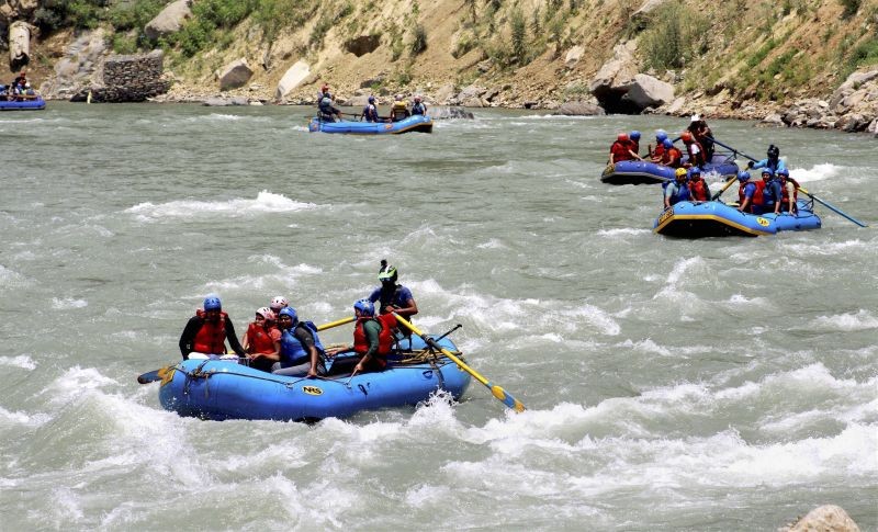 Tourists during a water sport in Beas river in Manali on July 2, 2021. (PTI Photo)