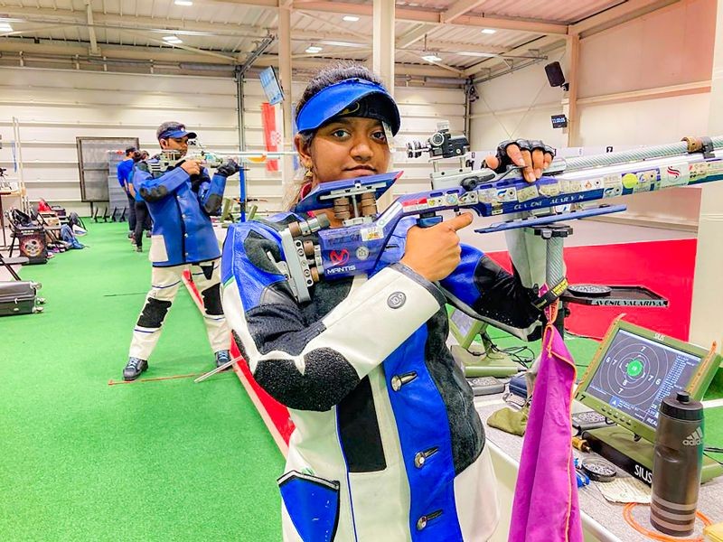 Tokyo : Shooter Elavenil Valarivan practices at the Asaka Shooting Range ahead of the 2020 Summer Olympics, in Tokyo, Friday, July 23, 2021. (PTI Photo)