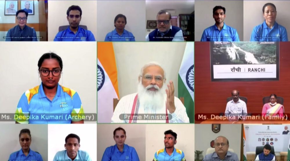 New Delhi: Prime Minister Narendra Modi's interaction with Indian athletes' contingent bound for Tokyo Olympics, via video conferencing in New Delhi, Tuesday, July 13, 2021. (PTI Photo)