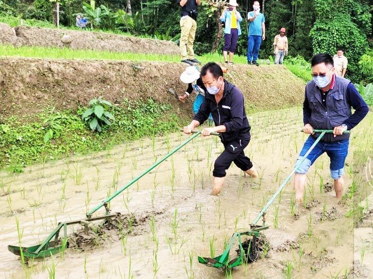 APC Y Kikheto Sema trying out cano weeder, a mini tool machine used for ploughing the field during the visit to Naga Model Integrated Settled Farming (N-iSF) at Boke-Botsa, Kohima on July 17. (DIPR Photo)