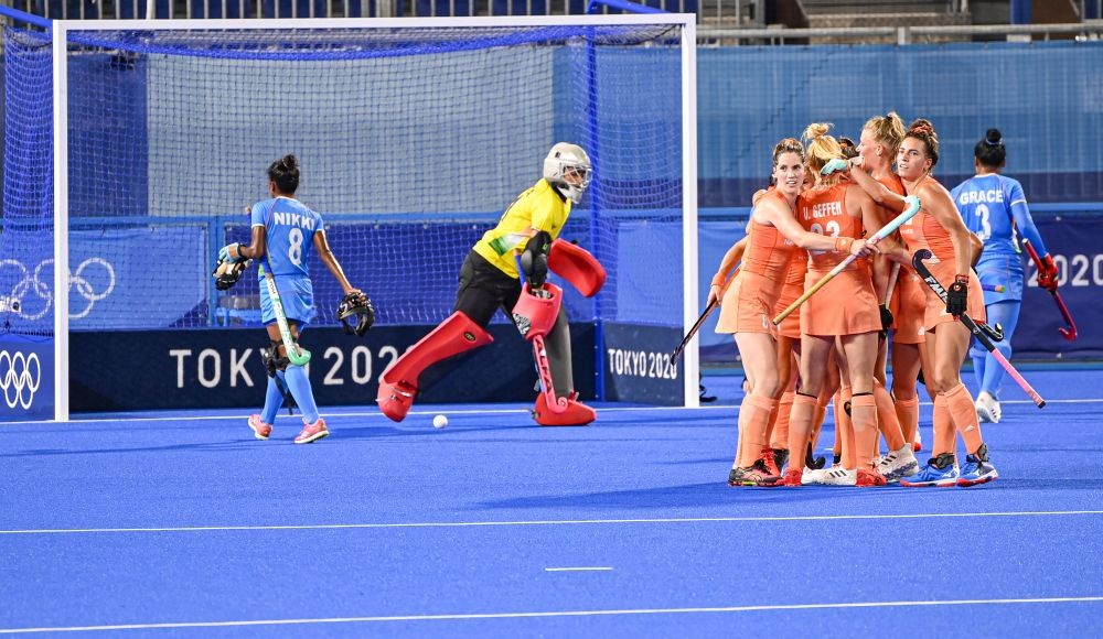 Tokyo: Netherland's team members celebrate after their fifth goal during the Summer Olympics 2020 Pool A Hockey match against India, in Tokyo, Saturday, July 24, 2021. India lost 1-5. (PTI Photo/Gurinder Osan)