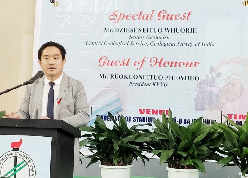 Dzieseneituo Whuorie speaking at the TSU literary day at Kohima village on August 28.
