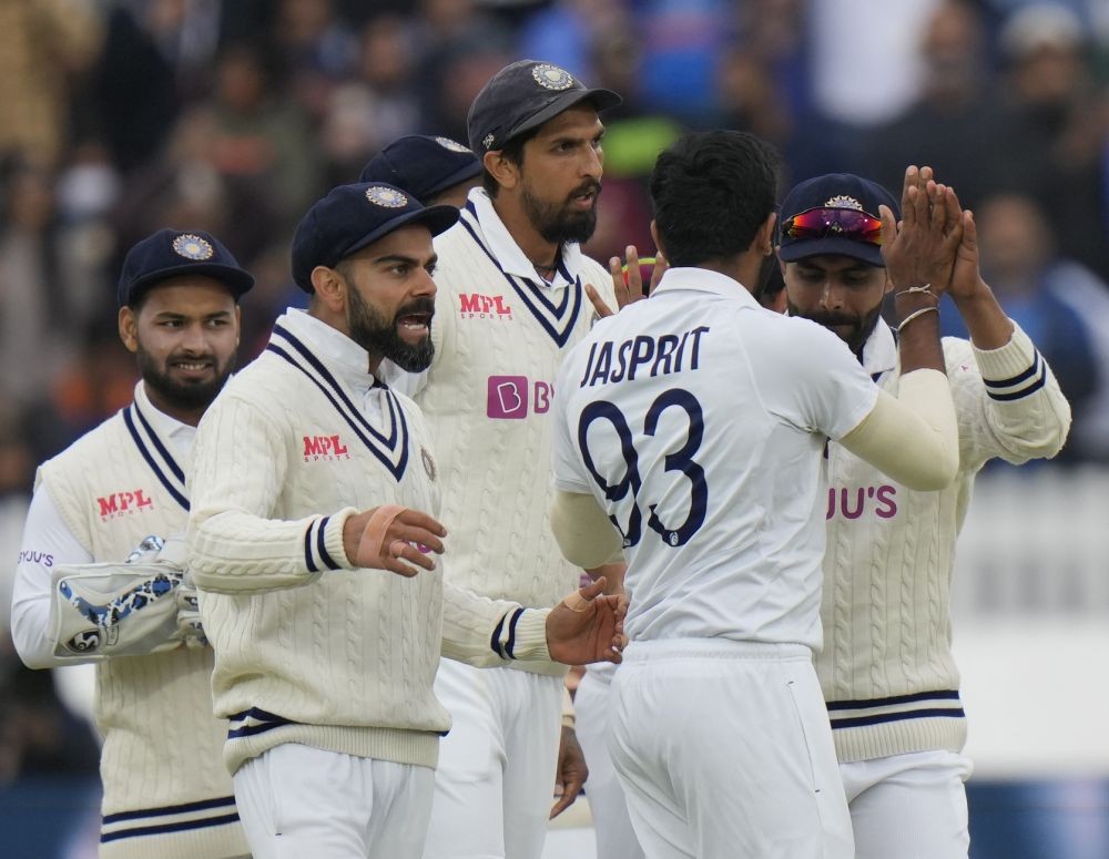London: India's Virat Kohli, left celebrates with his bowler India's Jasprit Bumrah after he took the wicket of England's Rory Burns during the fifth day of the 2nd cricket test between England and India at Lord's cricket ground in London, Monday, Aug. 16, 2021. AP/PTI
