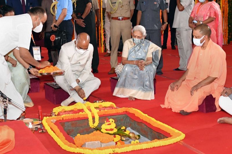 President Ram Nath Kovind with UP Chief Minister Yogi Adityanath and Governor Anandiben Patel, during a ceremony for laying of the foundation stone for the Mahayogi Guru Gorakhnath AYUSH Vishwavidyalaya, in Gorakhpur on August 28. (PTI Photo)