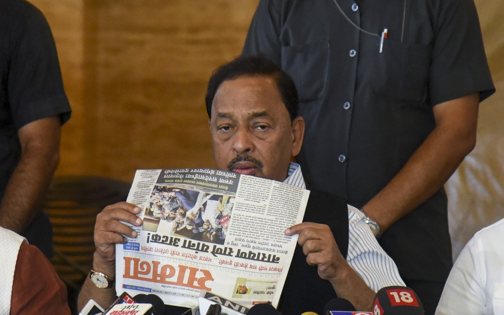 Union Minister Narayan Rane addresses a press conference at his residence at Juhu in Mumbai, Wednesday, Aug 25, 2021. (PTI Photo)