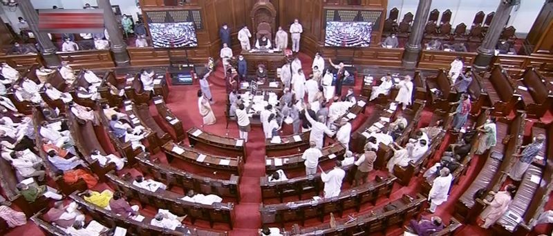 Parliamentarians in Rajya Sabha during the Monsoon Session of Parliament, in New Delhi on August 9, 2021. (RSTV/PTI Photo)