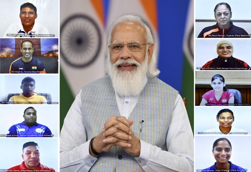 New Delhi: Prime Minister Narendra Modi interacts with the Indian para-athlete contingent for Tokyo 2020 Paralympic Games, through video conferencing, in New Delhi, Tuesday, August 17, 2021. (PIB/PTI Photo)