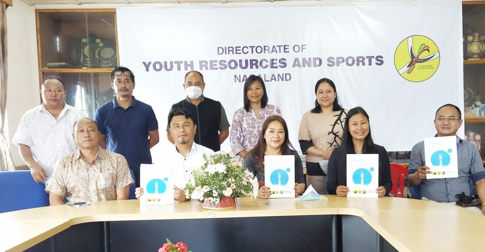 Er Zale Neikha, Advisor, YRS (2nd from left, front row), Akumla Chuba, Director YRS (Middle front row), Hekani Jakhalu, Founder & Chair, YouthNet (2nd from Right, second row), Nuneseno Chase, Director of YouthNet (2nd from Right, front row) seen with others during the launch of LaunchPad Virtual Education & Career Fair on August 4. (Morung Photo)