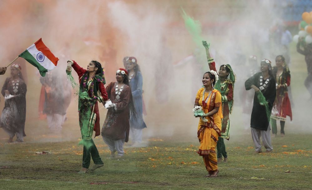 Jammu: Students present a cultural program during the Independence Day function at Maulana Azad Stadium in Jammu, Sunday, Aug 15, 2021. (PTI Photo)