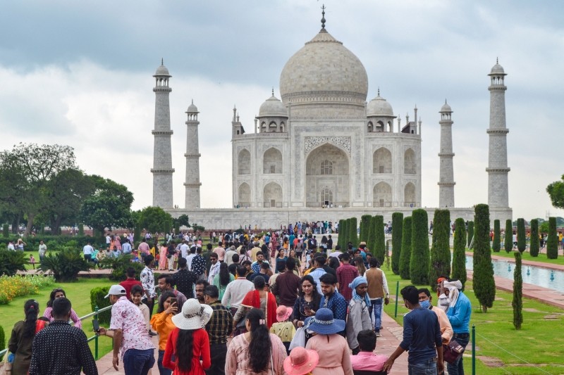 Agra: Tourists visit the historic Taj Mahal during a cloudy day in Agra, Monday, Aug. 2, 2021. (PTI Photo)