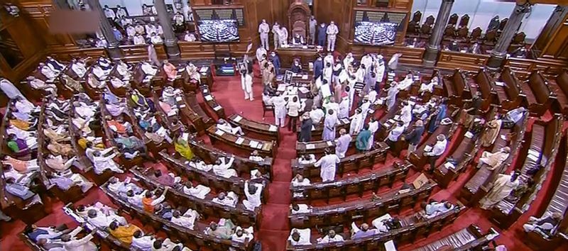 A view of the Rajya Sabha during the Monsoon Session of Parliament, in New Delhi on August 5, 2021. (RSTV/PTI Photo)