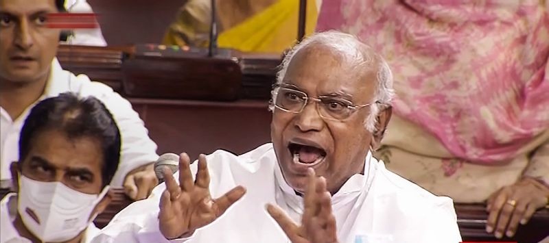 Congress MP Mallikarjun Kharge speaks in the Rajya Sabha during the Monsoon Session of Parliament, in New Delhi on August 5, 2021. (RSTV/PTI Photo)