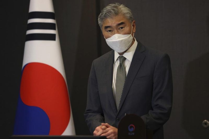 U.S. Special Representative for North Korea, Sung Kim talks to reporters after meeting with South Korea's Special Representative for Korean Peninsula Peace and Security Affairs Noh Kyu-duk at Plaza Hotel in Seoul on August 23, 2021. Kim is in Seoul for discussions over stalled nuclear diplomacy with Pyongyang. (AP Photo )
