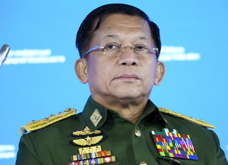 In this June 23, 2021, file photo, Commander-in-Chief of Myanmar's armed forces, Senior General Min Aung Hlaing delivers his speech at the IX Moscow conference on international security in Moscow, Russia. Six months after seizing power from the elected government, Myanmar’s military leader on Sunday, Aug. 1, 2021, repeated his pledge to hold fresh elections in two years and cooperate with Southeast Asian nations on finding a political solution for his country. (AP File Photo)